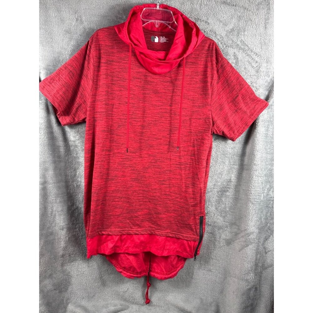 Red Heathered Short Sleeve Cowl Neck Drawstring Casual Top With Asymmetrical Hem